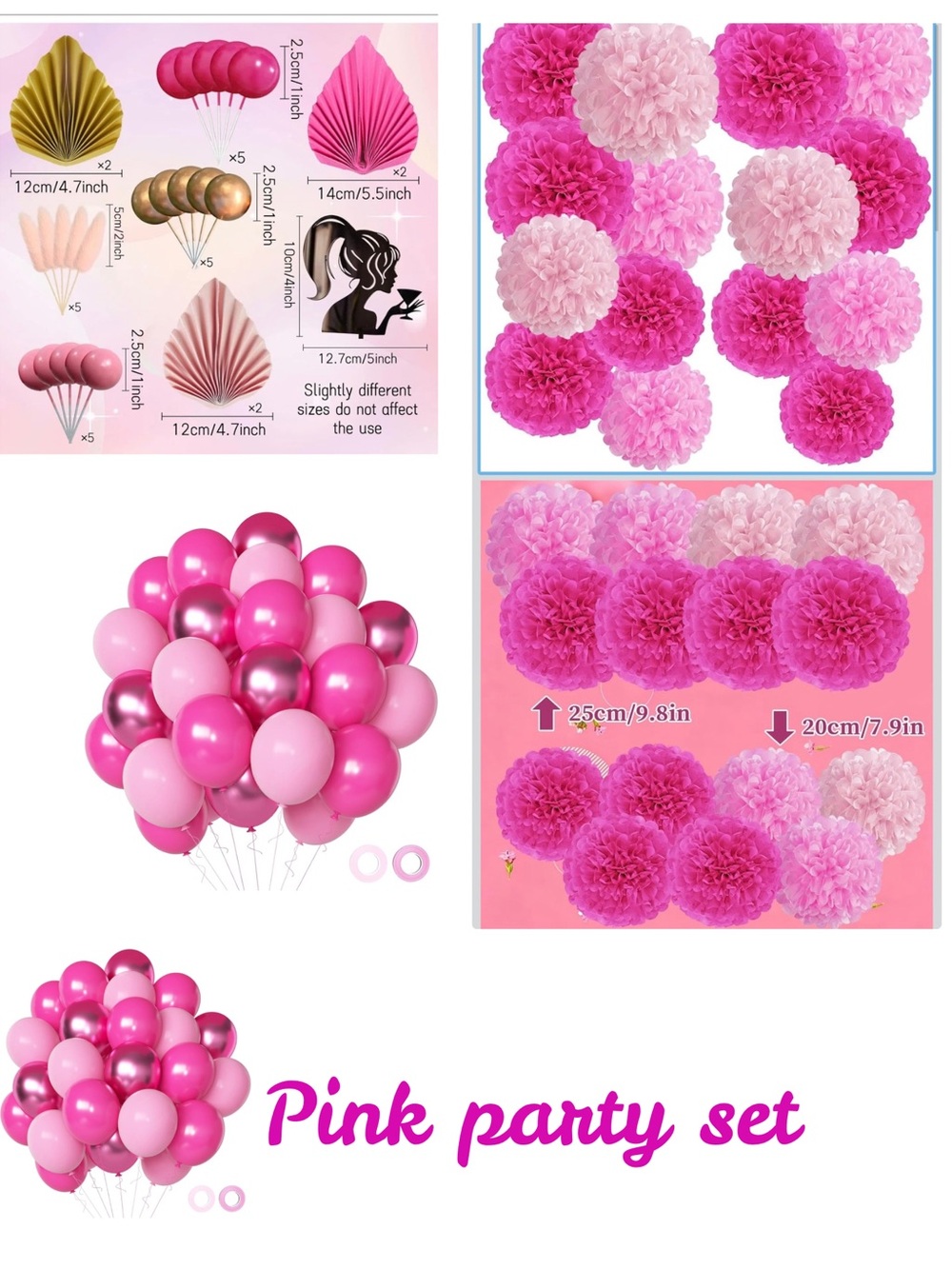 Pink Party Decorations Set - Balloons & Tissue Pom Poms